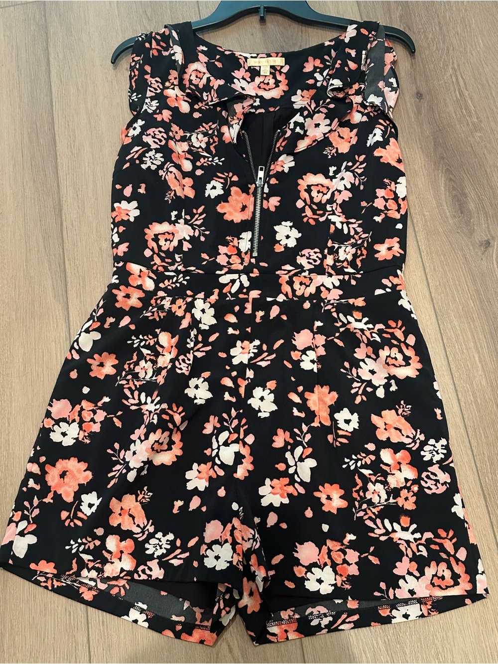 Skies Are Blue Black Romper with Coral and White Floral Print
